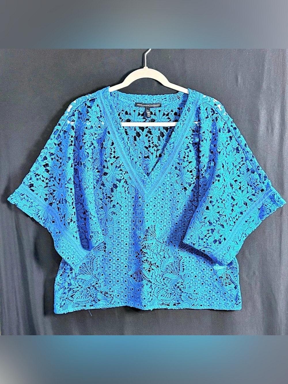 White House Black Market Teal open Lace Tunic Size LargeFloral asymmetrical desi